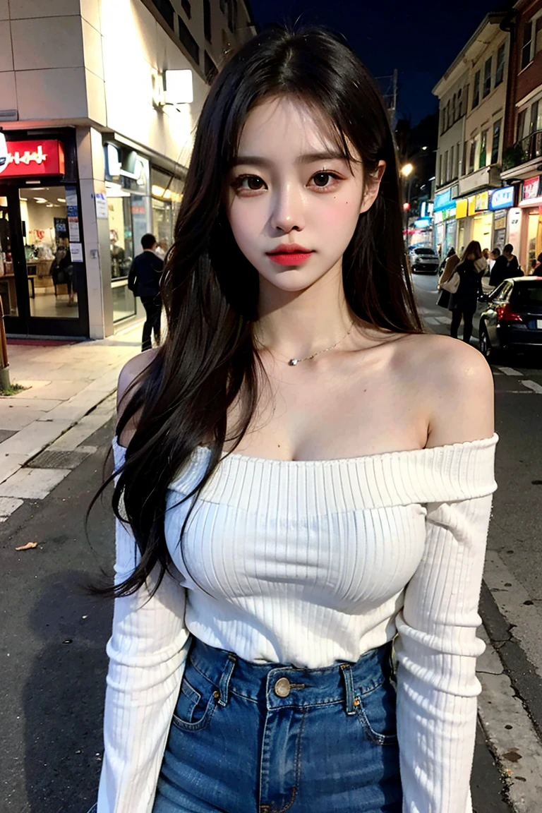 highest quality, masterpiece, shape, Realistic, photo-Realistic, wonderful, finely, Very detailed, High resolution, Very detailed, unity 8k wallpaper, Full body shot of a beautiful young woman with Korean-style features resembling a popular actress, office suite, Knee-high socks, ((Very small breasts)), thin, She has pink and bluish eyeshadow, bangs, Black Hair, Long Hair, head, look up, night, On the streets of Shibuya, Stand up and look here, Narrow eyes, 細長い目のshape, Three white eyes, Confident expression, Evil look, Very slender and beautiful legs, Beautiful and thin thighs, Earrings,