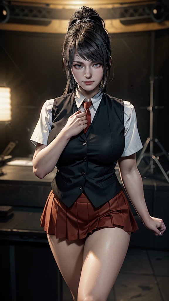 (very delicate and beautiful:1.2)super model,perfect shape,girl's,,Thighhighs,beautiful feet,gentle expression,spoiled look,Innocent face,ミニskirt,big breasts,beautiful breasts,voluptuous,bike shorts,,masterpiece, highest quality, High resolution, 8K, , skirt, uniform, short hair, messy hair, blush, sexy pose, big breasts, sweating,, sweating, cityscape, vivid details, super detail, realistic skin texture, Surface details, Beautiful eyes in every detail, medium full shot, Girl holding a sword,flame background,smile,Look at your audience