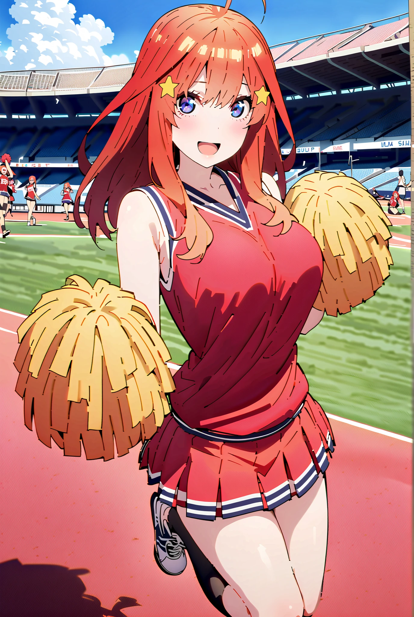 Nakano Mizuki , long hair, blue eyes, hair ornament, red hair, star (  symbol ),star hair ornament,smile,cover,opens her mouth,Big Breasts,(Cheerleading), (full body),  on chest, (I sweated), I sweated Wet Clothes, (Red clothing),sleeveless, pleated skirt,black socks,sneakers with a ladyback letter, belly button stick, playground, (jump), (jump),両足を曲げてjumpする,blue sky,  Compa, smile,cheerleader, Pom-pom \(Cheerleading\) real hair ornaments,audience,full bodyががイラストに入るように,break outdoors,Stadium,
break looking at viewer,full body，
break (masterpiece:1.2),of the best quality , kampala,unity 8k 壁紙,(shape:0.8),( fine and beautiful eyes :1.6),It's a person ,full body写真,CG Details , (perfect hands,complete anatomy),