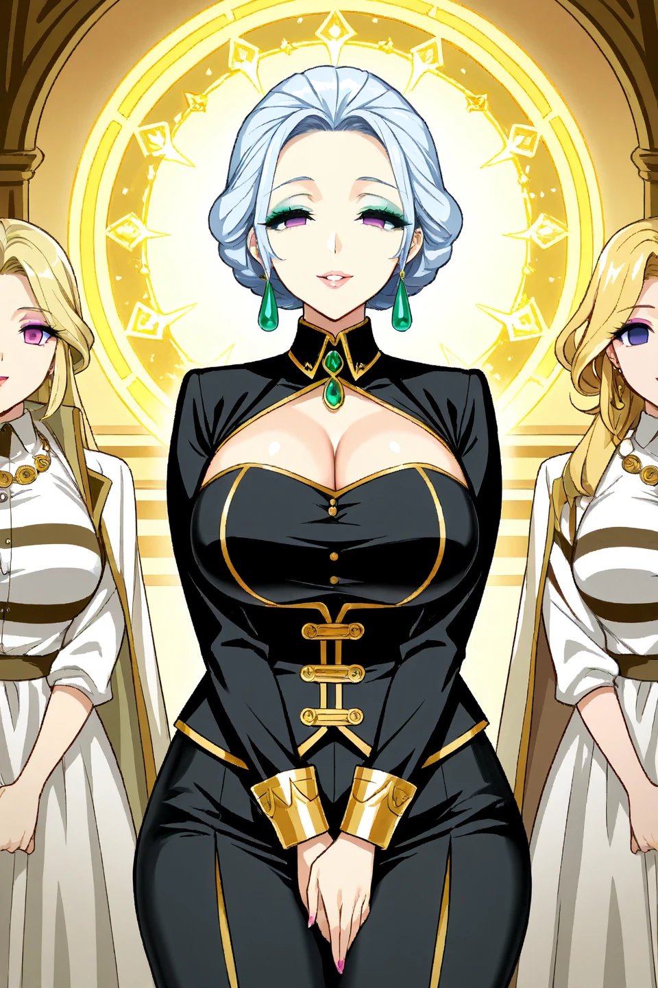 score_9, socre_8, 2girls, women aligned, (confrontation), (looking at viewer), jewel, gorgeous, splendid, luxurious, aristocrat, noble, arrogant, (golden), goddess, queen, forehead, mature women, embroidery, white satin dress and gloves and cape, gleaming skin, detailed pupils, perfect eyes, face focus, Simple Background, best quality, high resolution, all intricate,