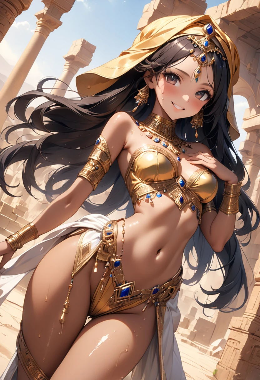 ((Frank Frazetta)), Beautiful full-bodied black woman, Beautiful black eyes、 Egyptian woman, Egyptian adornments, muscular and perfect body,(top-quality、8K、32K、masterpiece、nffsw:1.3)、超A high resolution,(Photorealsitic:1.4),, long black hair with heavy bangs on the forehead,,,,Sun glare,depth of fields,By backlight effect、Adds depth to the screen、muscular body, Red veil, dark skin shiny with oil and sweat, Anubis warrior in small clothes, golden bra, Egyptian tattoo,, Large breasts, Generous cleavage, , A desert, pyramids in the background