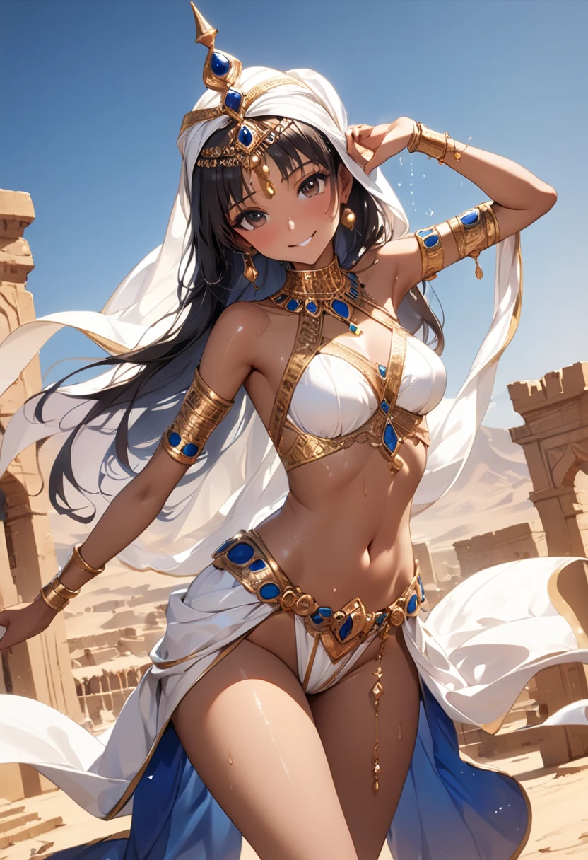 All intricate details: "(MahabharataPunkAI, ((see through, short clearswimsuit)), tan skin, beautiful, Egypt style, egypt girl, cute, 1 girl view, ((+18)),random angle shot)"