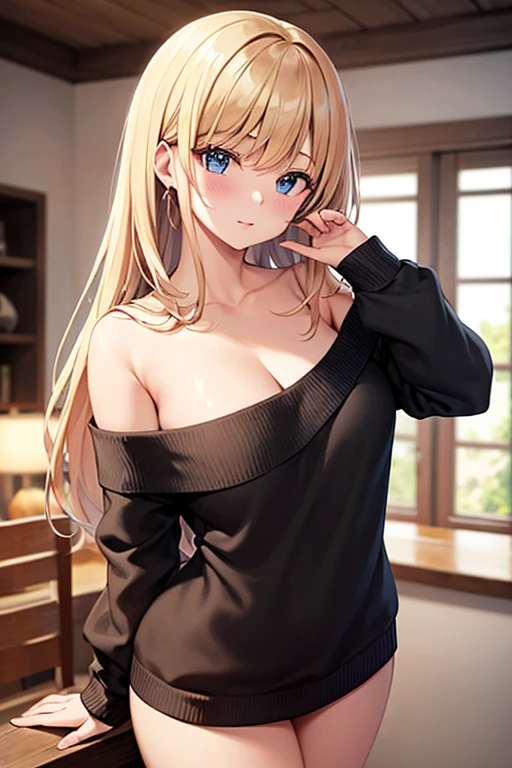 Upper arms、Black Tank Top、woman、Blonde、Embarrassed expression
