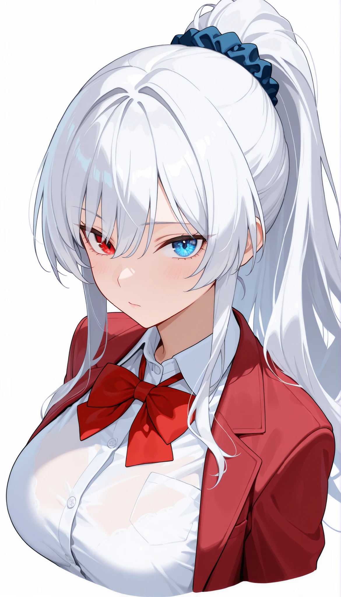 best quality, masterpiece, absurdres, 1girl, solo, heterochromia, red_eye, blue_eye, white_hair, long_sleeves, large_breasts, mature_female, long_hair, red_blazer, white_shirt, school_uniform, hair_over_one_eye, tsurime, dynamic from side angle, ponytail, portrait, cropped_shoulders, white_background, looking_at_viewer, upper_body, bowtie, scrunchie,