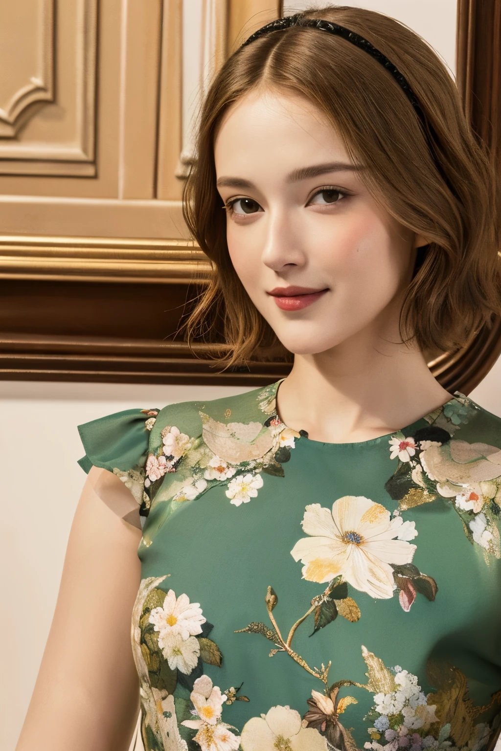 A close up of a woman wearing a green dress with flowers on it - SeaArt AI