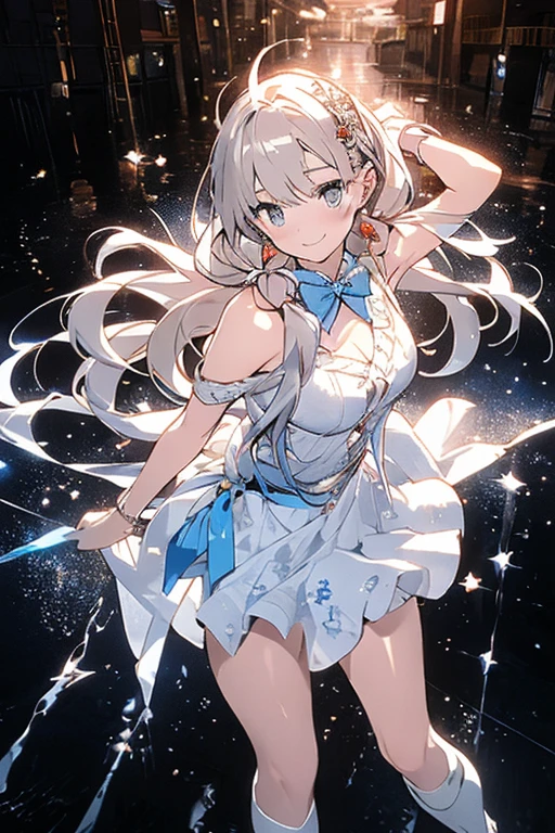 (best qualtiy,detailed back ground,A high resolution,absurderes,full bloom,messy hair,shinny hair,Exposure to light,Bright pupils), 1girll,Focus on the legs,receiver,long whitr hair,silber hair,large_breasts,action_pose,standing on your feet,Behind the arm,stage,spotlight lights,glass ceilings, God and(genshin impact),hair_ornament,Hair is more than one eye,designer dress,dutch_angle,