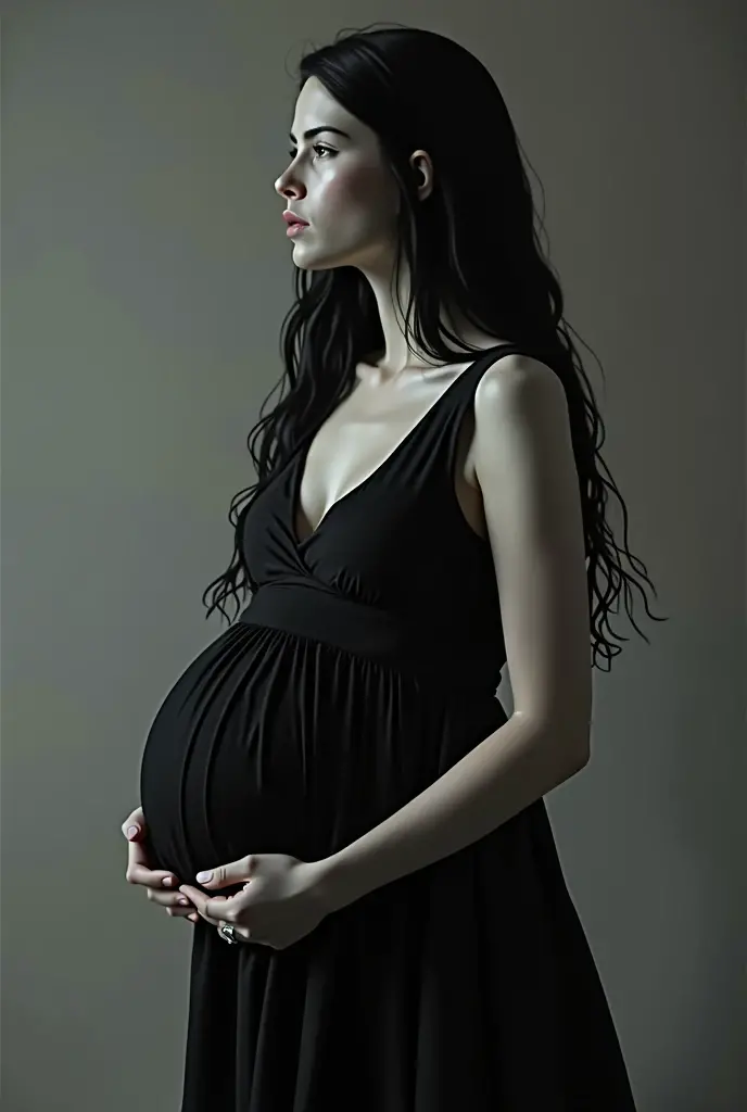 Shot captured by IMAX CAMERA, 20K resolution, hyper realistic masterpiece of Alluring Ukrainian fertile 18-year-old extra super healthy thick billionaire (( pregnant women)),((huge baby bump)easant smile, only thin fine elegant platinum nose hoop in left nostril, long hair, blue sparkle eyes, wore thick black plush velvety ribbed turtleneck sweater body suit with thin black rich plush velvety gloves, expensive precious fine diamond necklace on neck, affectionate personality, she is looking into my eyes, and playing with her hairs by hands, walking in dark starry night.
