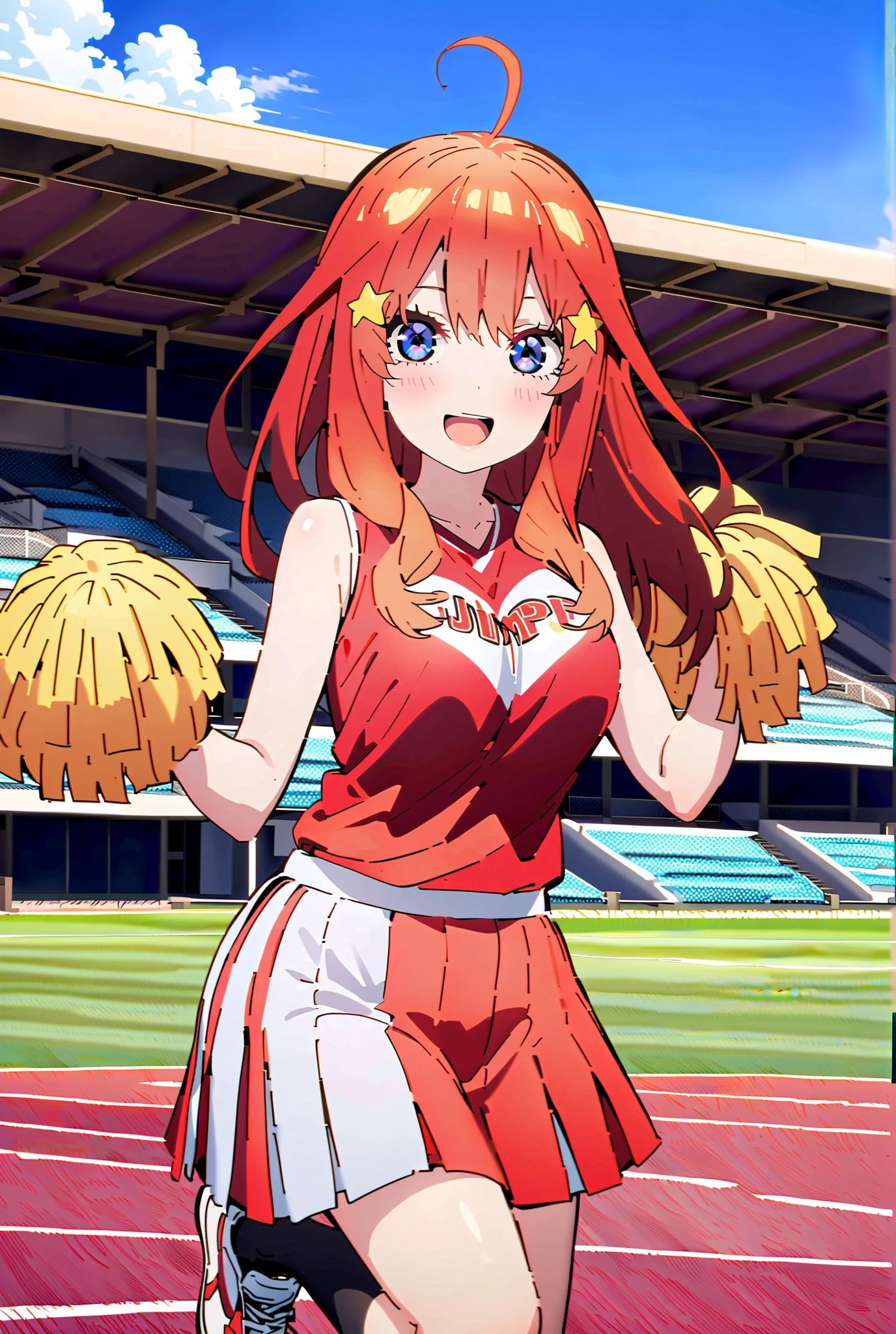 Nakano Mizuki , long hair, blue eyes, hair ornament, red hair, star (  symbol ),star hair ornament,smile,cover,opens her mouth,Big Breasts,(Cheerleading), (full body),  on chest, (I sweated), I sweated Wet Clothes, (Red clothing),sleeveless, pleated skirt,black socks,sneakers with a ladyback letter, belly button stick, playground, (jump), (jump),両足を曲げてjumpする,blue sky,  Compa, smile,cheerleader, Pom-pom \(Cheerleading\) real hair ornaments,audience,full bodyががイラストに入るように,break outdoors,Stadium,
break looking at viewer,full body，
break (masterpiece:1.2),of the best quality , kampala,unity 8k 壁紙,(shape:0.8),( fine and beautiful eyes :1.6),It's a person ,full body写真,CG Details , (perfect hands,complete anatomy),