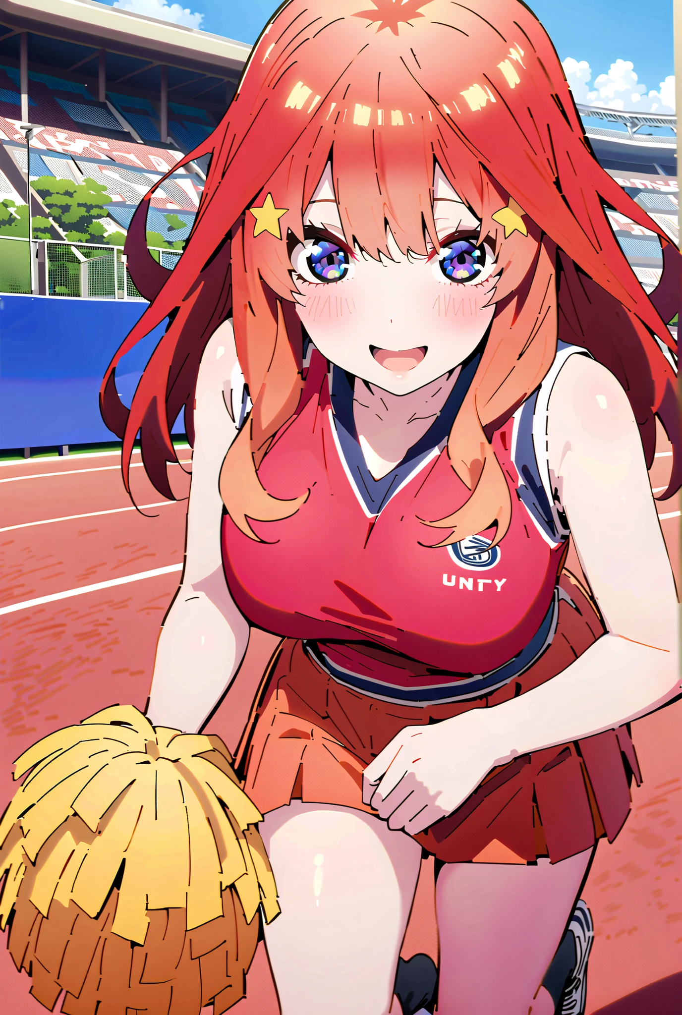 Nakano Mizuki , long hair, blue eyes, hair ornament, red hair, star ( symbol ),star hair ornament,smile,cover,opens her mouth,Big Breasts,(Cheerleading), (full body), on chest, (while riding), while riding Wet Clothes, (Red clothing),sleeveless, pleated skirt,black socks,sneakers with a ladyback letter, belly button stick, playground, (jump), (jump),両足を曲げてjumpする,blue sky, Compa, smile,cheerleader, Pom-pom \(Cheerleading\) real hair ornaments,audience,full bodyががイラストに入るように,break outdoors,Stadium,
break looking at viewer,full body,
break (masterpiece:1.2),of the best quality , kampala,unity 8k 壁紙,(shape:0.8),( fine and beautiful eyes :1.6),It's a person ,full body写真,CG Details , (perfect hands,complete anatomy),