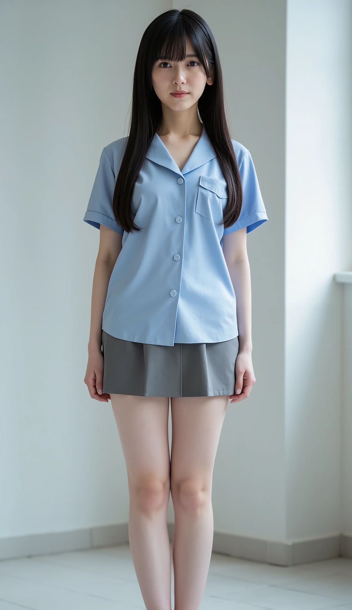 The high resolution photograph of a Japanese young women, photo-realistic, extremely detailed, sharp focus, 1girl, solo, long hair, (photo selfie), (wearing short sleeve uniform, plated short skirt), your left arms open button of shirt, open shirt, Big breasts, standing and crossed your legs, fair skin color, thight visible