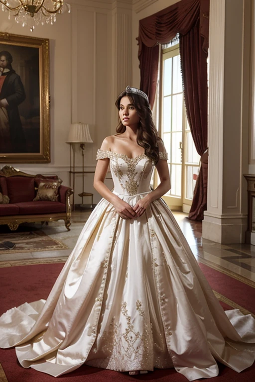 Full body photo, featuring a Mexican girl dressed in a magnificent haute couture quinceañera ball gown with a floral waist belt. The gown she wears is a shade pastel pink, adorned with layers of tulle ruffles, shimmering rhinestones, and intricate gold lace and filigree details. A wide waist belt adorned with fabric flowers cinches her waist and adds a pop of color and texture. Poised elegantly within the luxurious interior of a castle, dramatic cinematic lighting casts enchanting shadows, enhancing her allure. Crystal chandeliers hang delicately from above, casting a warm glow onto the marble floors below. The ornate stairwell adds to the castle's charm. Captured using an 80mm lens on a Sony A7 IV camera, the horizontal image captures the girl's entire form, showcasing the splendor of her haute couture ensemble , (skin dents: 1.5), realistic, realistic, (masterpiece: 1.5), concept art, intricate details, highly detailed, octane rendering, 8k , Unreal Engine, Dynamic Pose, Best Quality, High Resolution, ((Theatic)), Epic, Depth of Field, , Particle, (Realistic Face:1.1, Surreal:1.1), ((1 Girl, Close Up, Medium Tits, Perfect Eyes, Detailed Eyes, High Quality Eyes, High Quality Eyes perfect_face, High Quality Eyes, High Quality Eyes, Shiny Skin: 1.2, Shiny Face: 1.2, Embarrassment, Blushing: 0.8)),Wide-Angle, close-up, god rays, depth of field, chiaroscuro, cinematic lighting, high detail, Verism, UHD, masterpiece, accurate, super detail, high details, high quality, highres, best quality, award winning, 16k