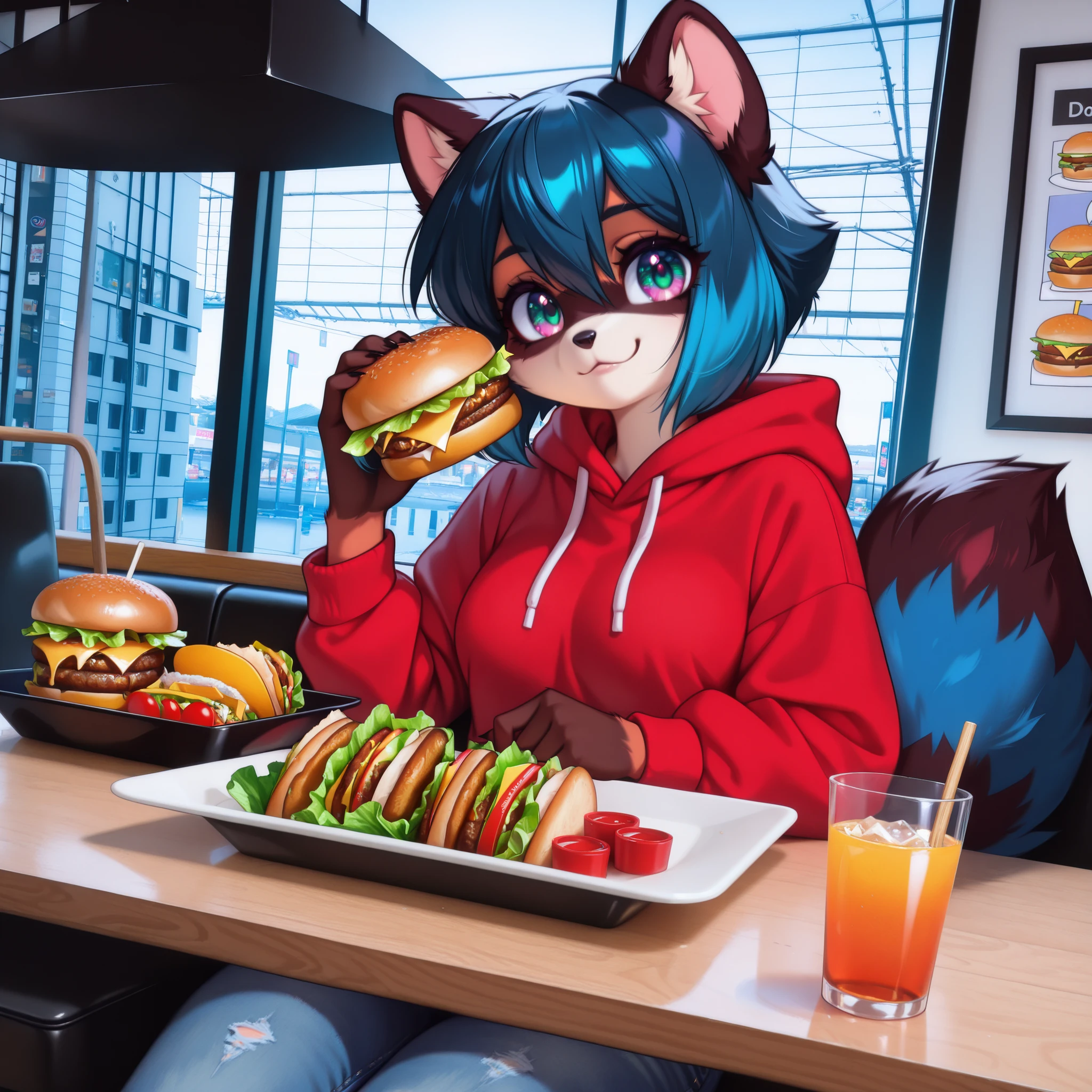 masterpiece, best quality, newest, absurdres, highres, wallpaper, 1girl, michiru kagemori, short hair, black hair, animal ears, blue hair, multicolored hair, furry, furry female, raccoon ears, body fur, raccoon girl, raccoon tail, tail, red hoodie, large hood, mono pocket, blue jeans, no hoodie lines,
food,hamburger,sit down, sitting in restaurant, holding burger, hands burger to the viewer, burger for the viewer, gives a burger to the viewer, burger in one hand, presents a burger to the audience, hands the burger, opposite the viewer, looking at viewer, food on the table, smiling, :3, happy
food, indoors, cup, solo focus, restaurant, spoon, plate, table, bowl, chopsticks, drinking glass, looking at viewer, smartphone, kitchen, photo background
long-range plan, view from afar, dutch angle, looking at viewer, cowboy shot, view from afar