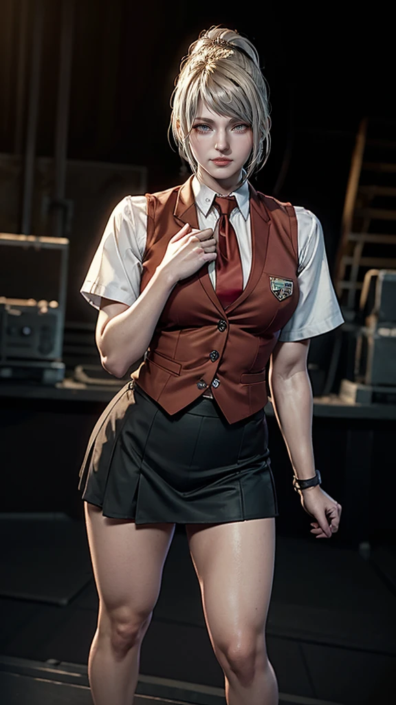 (Photogenic, Masterpiece: 1.5), Blazer school uniform, mini skirt, voluptuous body, short white hair, falling flat, beautiful face, black underwear, shiny thighs, pure white skin, Japan, school girl, realistic