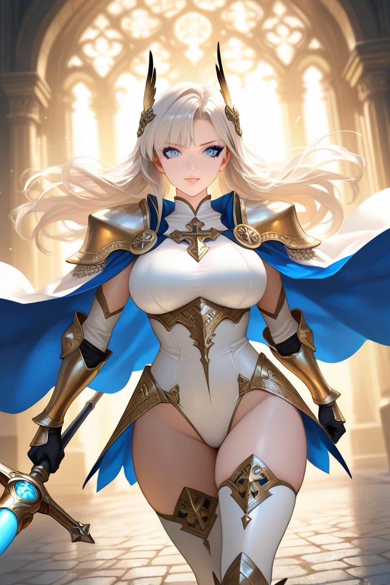1girl, blonde hair, (white hairband), golden armor, ((naked breasts)), ((naked pussy)), (from below), ((looking down)), (scared), ((thick thighs)), ((hourglass figure)), blue skirt, big breasts