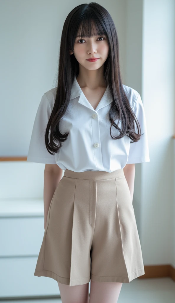 A femboy boy, with long straight brown hair, with a fringe, wearing a white blouse, a blue skirt, dark shorts and small earrings. In a girl's room