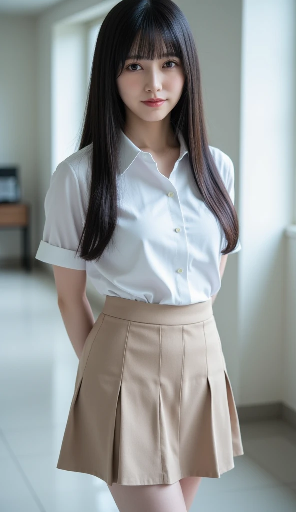 Baifern Pimchanok, (8k, RAW photo, highest quality, output: 1.2), (realistic, photorealistic: 1.37), super detailed, super high resolution, girl 1, viewer, detailed cute face, smile, teeth, professional lighting, Junior high school student, small breasts, neat, serious, honor student, a young woman in prepschool uniform, short skirt, loose blouse, instagram influencer model, 4k ultra realistic, double eyelids, beautiful eyes, good hands, better hands