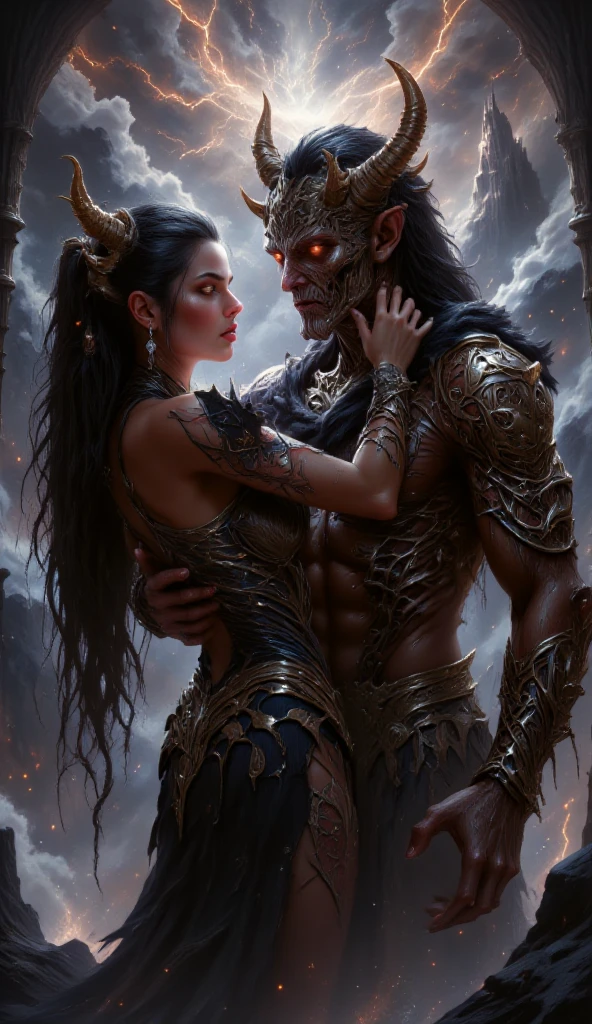 a black long-haired,gray-skinned,green-eyed,black drees,horned girl.He is a muscular guy with orange hair,white skin,green eyes,beardless,white turban and yellow long necked robe.