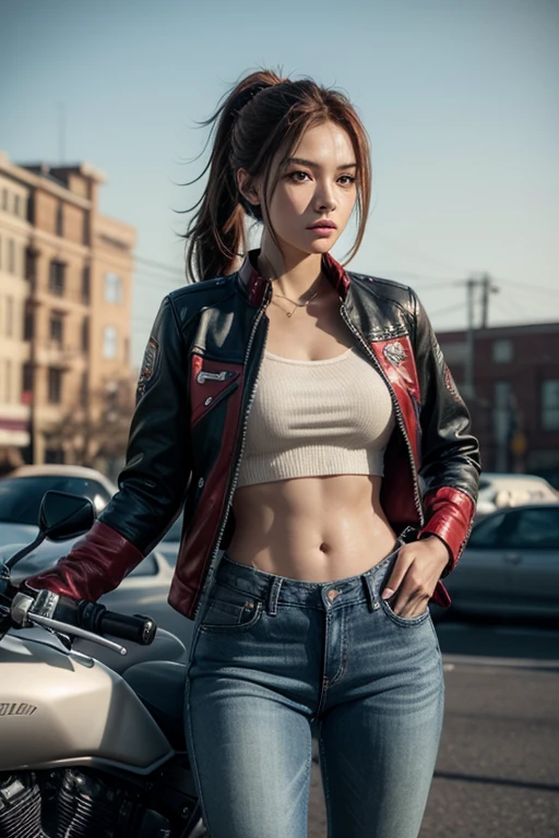 Best quality, masterpiece, Beautiful, young latina woman, looking straight at viewer, wearing simple shirt and jeans, open red jacket on top, posing on wall, professionalism, teen age, detailed face, detailed body, symmetric face, big cute eyes, cute face, dynamic pose, tattooed hands, deep cleavage, perfect anatomy, photorealistic, slim body, black braid hair, 8k, ultra realistic, grafiti wall background, wide desktop wallpaper, ambient occlusion