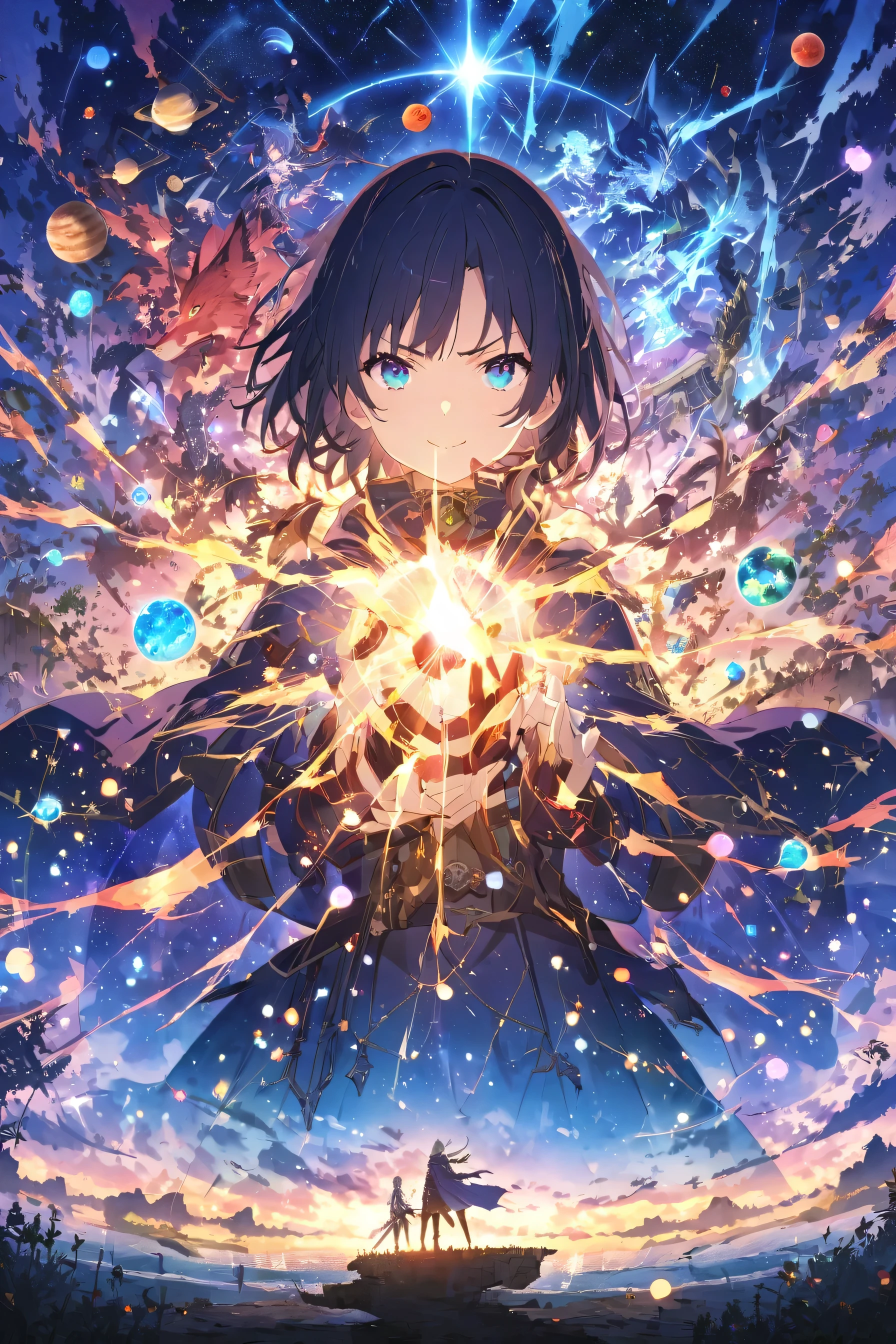 , In the photo, Creates a dreamy futuristic atmosphere, That is:,that fits his light blue eyes、is a character of a young man with short black hair wearing a wizard that covers his whole body and shines blue light on his hood, It fits his light blue eyes. fantasy anime illustration, 黒いフードand長い黒and白のパンツを着ている. ,On the left、乱れた茶色の髪and紫色の目の若い男性がいる, 紫and黒のロングスリーブシャツand黒のズボンを履いている, looks angry ., long blond young woman, Red Eyes, and、39;{{outfit, smile, stands on the right .,
背景には明るい花and遠くの山々there is an amazing fantasy world consisting of. There is an island with、Fox ears wearing a wizard covering his whole body, The sky is full of stars and distant planets. what stands in the center of the image, blues, green, andパープルで、Light novel cover. 空には星and遠くの惑星が満ちています, enhances the sense of a fantasy world., the light novel coverแนวเอปิก, epic the light novel cover, the light novel cover, beautiful fantasy anime, fantasy anime, popular isekai anime, isekai, anime key art, fantasy anime illustration, Anime Fantasy Artwork, using the supernatural anime, } He looks ahead with a serious expression, fantasy anime, fantasy animeที่ยิ่งใหญ่