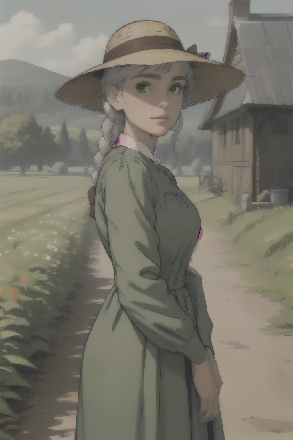 upper body, (best quality), (masterpiece), (solo), 1girl, grey hair, brown eyes, braided hair, green dress, hat, countryside farm, looking at viewer,
