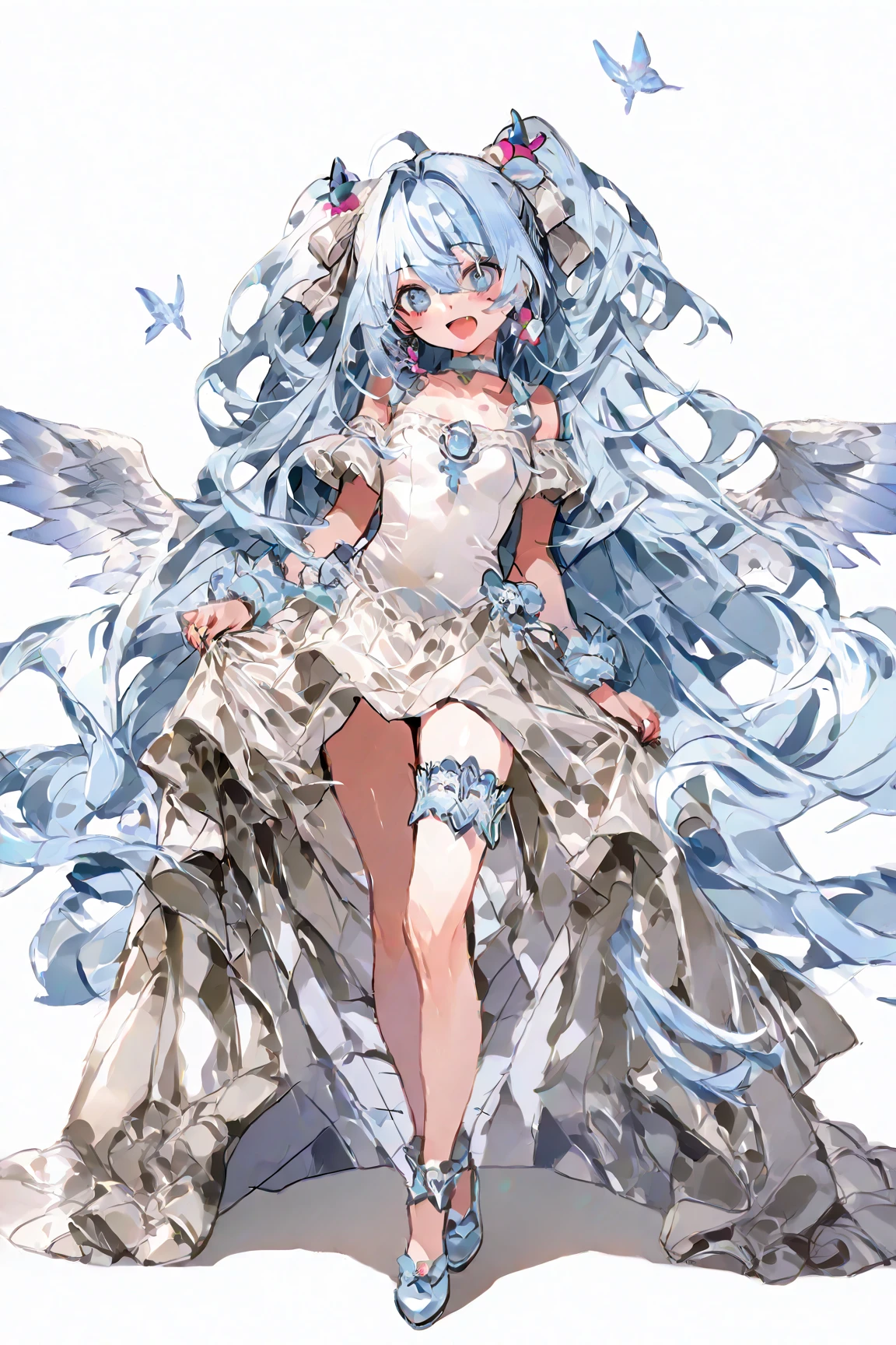 女神、神秘的、美女、sky blue hair、big smile、:d、masterpiece、high definition art、meticulous details、high quality rendering、intricate details、high definition、exquisite、masterpiece、high quality、best quality、1girl、perfect 、beautiful detailed eyes、8K、生足、美しい脚、胸が大きい、白い衣装、standing、ロングヘア、Full Body Shot、porcelain skin、20 years old、大人、美脚