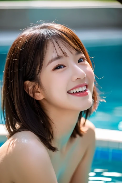 Beautiful Young Woman of the Year、 Korean women、Brown Hair、Wavy Hair、Necklace around the neck、smile、Beautiful teeth alignment、Woman in swimsuit、Open your mouth a little、Intricate details, Very detailed:1.2), 、 Looking into the camera,background is indoor pool、ear piercing