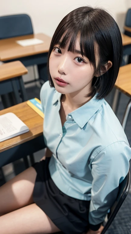 man, 17 y.o, short hair parted in the middle, highschool uniform, classroom