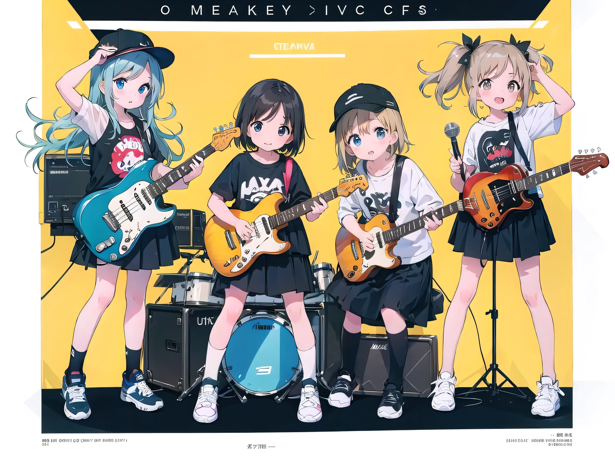 **Photo of 5 beautiful girls sitting:**
- **3 girls with messy black hair**
- **2 girls with wavy bob hair**
One girl is playing the drums, one girl is playing the piano, one girl is playing the bass guitar, one girl is playing the guitar, and one girl is singing. They are sitting behind a board with the word "ECHO" written on it. The background is a music studio, complete with drums, guitars, bass guitar, and piano. The image is ultra HD, 4k, and realistic.