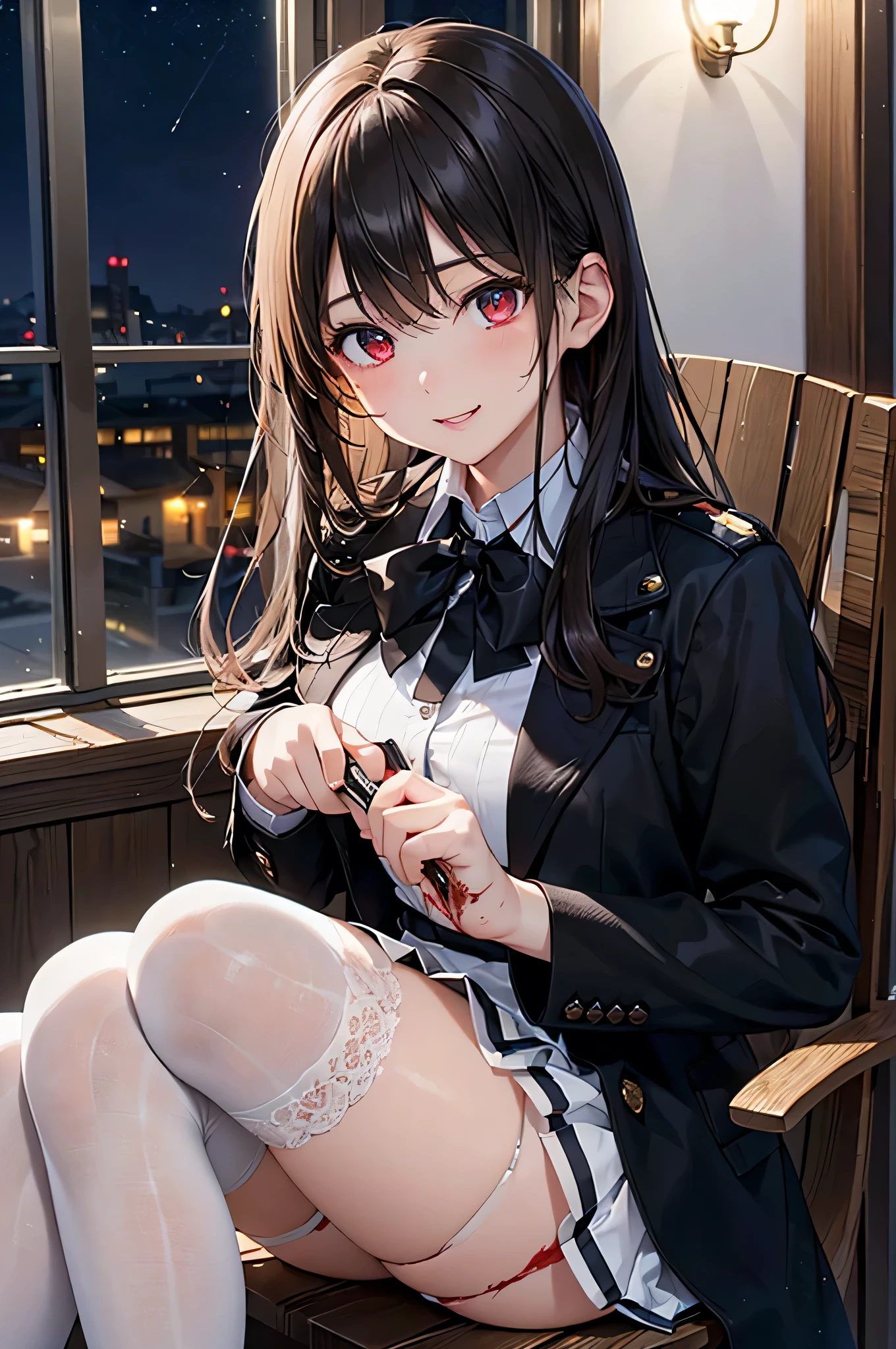 1girl, masterpiece, best quality, charming, seductive, amorous, glorious, glamorous, JK, isekai, fantasy, alley, night, short skirt, stockings, high heels, blushing, coy smile, school uniform, ribbon tie, long hair, thigh highs, moe, anime-style, manga-style, black hair, blue eyes, cute, kawaii, suggestive, alluring, beauty, elegance, young adult, female, feminine, temptation, flirtatious, enchanting, captivating, bewitching, medieval, magic, enchanted, mythical creatures, dragons, swords, shields, adventure, fantasy world, supernatural, otherworldly, surreal, dreamlike, wondrous, hourglass figure, curvy, busty, full lips, graceful, porcelain skin, delicate, slender fingers, detailed nails, immaculate makeup, fine details, lanterns, cobblestones, arches, gothic architecture, runes, mystic symbols, arcane energy, ethereal atmosphere, moonlight, starry sky, glowing crystals, sailor-style collar, pleated skirt, thigh-high slits, lace detailing, garter belt, micro skirt, cropped blazer, silk tie, matching accessories, silver jewelry,