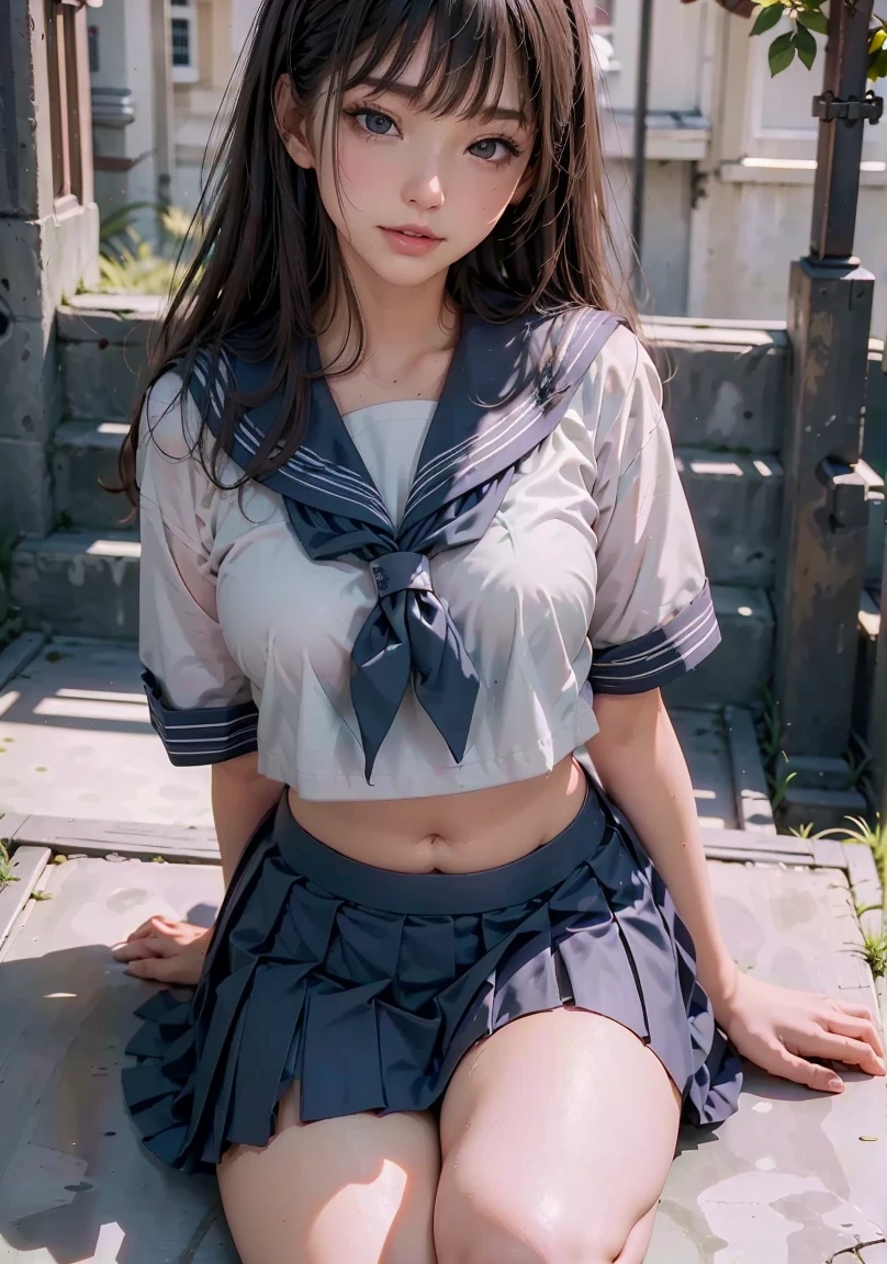 Shot alone)、((((17-year-old beautiful girl))))Perfect Style、an anime girl、beautiful anime woman、Anime girl cosplay、Adorable anime girl、Beautiful anime girl、beautifull asian girl ever、Perfect girl、goddess of Japan 、Surreal anime、best qualtiy、masterpiece、illustratio、extremely delicate and beautiful、ighly detailed、 nffsw, 8k wallpaper, magnifica, Attention to detail, masterpiece, top-quality, art by, AJC 8k wallpapers are very detailed, huge filesize, ultra-detailliert, hight resolution, The ultra -The high-definition, ighly detailed, beautiful girl details, Eyes and face very detailed, beatiful detailed eyes, (Raw photography、top-quality), (realisitic, photorealisim:1.3),, Light on the Face, (brown haired: 1.3), chubby breasts, Loose beautiful hair、(Swollen eyes)、(K-pop idols))、(enticing)、bangss、(Seduction poses)))、Dark eyeliner、long eyeslashes、erotick、fringe、small earring、Small necklace、((narrow her eyes))、((Wet and sheer sailor suit)),(((pleatedskirt)))、(Sweaty white skin)、appealing breasts、(fascinating butt)、seductiv、sexual、It's wet、Very clean skin、long and beautiful legs、(Photorealsitic: 1.4), Nice detailed eyes, heavy eye makeup,(Show your legs)、(looking through legs),((Solo / Solo Focus)),beauty legs,(17 age),(((High School Girl Beautiful Girl)))、wide-hips、Colossal tits