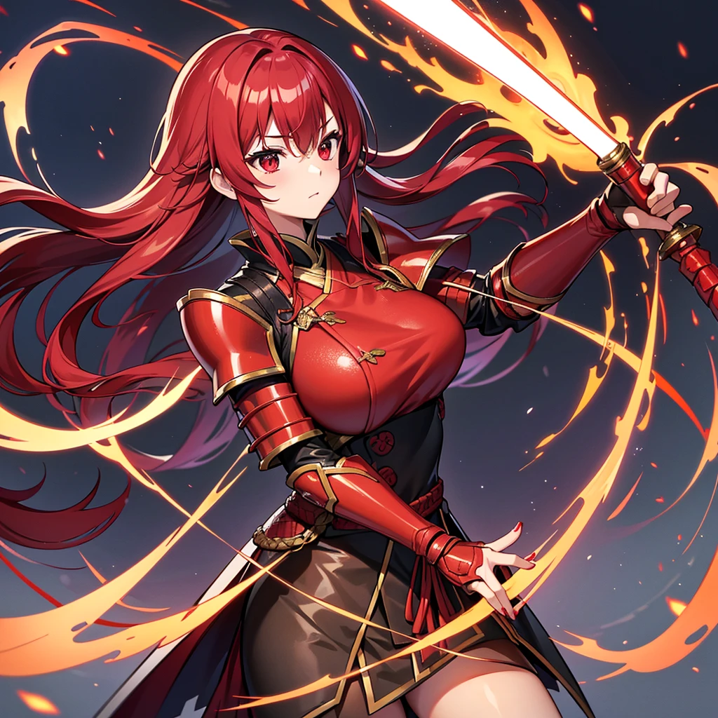 make images of a female demon slayer character with red eyes red hair red clothing a serious face in an action pose in a battle with her sword on fire and around her on fire her using fire attacks