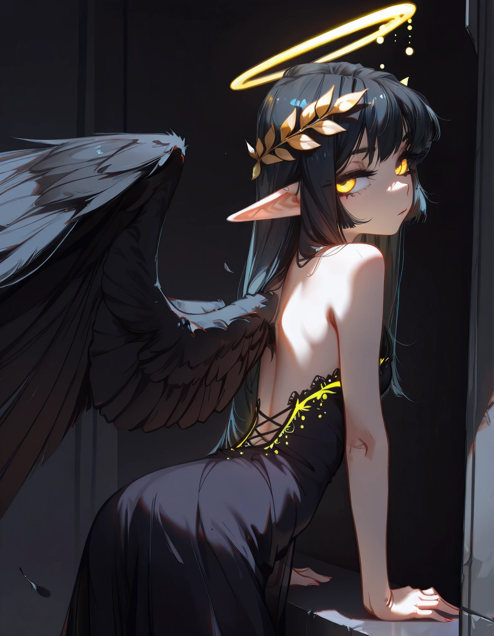 (dino \(dinoartforame\), konya karasue:1.2),
(got old:1.2), Masterpiece, best quality, absurdress, high resolution, (dynamic pose:1.2), (dynamic corner:1.2),
laurel crown, 1girl, black hair, Straight hair, looking back, Side view , , glowing yellow eyes, narrowed pupils , thick lashes, long lashes, glowing halo , winged nimbo , elf ears, glowing clothes, glowing eyes,
Black Feathers, feathered wings,
detailed background, glowing theme ,