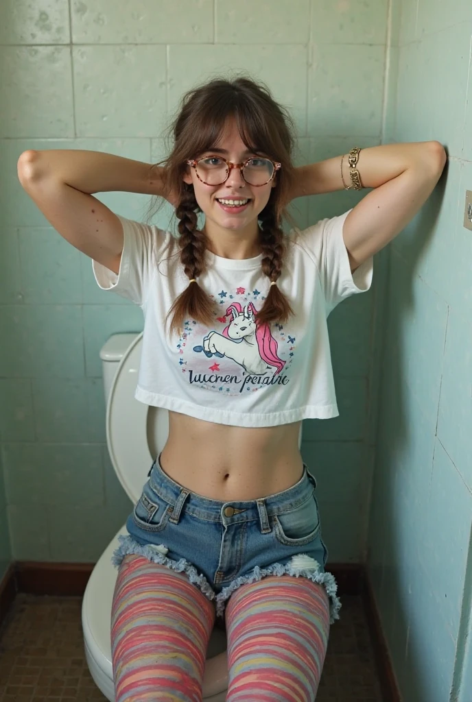 8K, RAW photo, realistic, photorealistic, absolutely resolution, ultra detailed, extremely intricate, photo of a 20 years old dodgy woman with similar look of [Tilda Swinton:woman:0.5] in a bedroom, in 1970s, embarrassed, bookworm, with age-appropriate wrinkles, highly detailed skin texture, (full face freckles:1.2), blonde hair, (center part strait hair:1.2), thin body, completely naked, T-shirt, flat chest, ((pubic hair)), (silver round framed glasses:1.2), standing, front facing, medium shot, natural lighting,