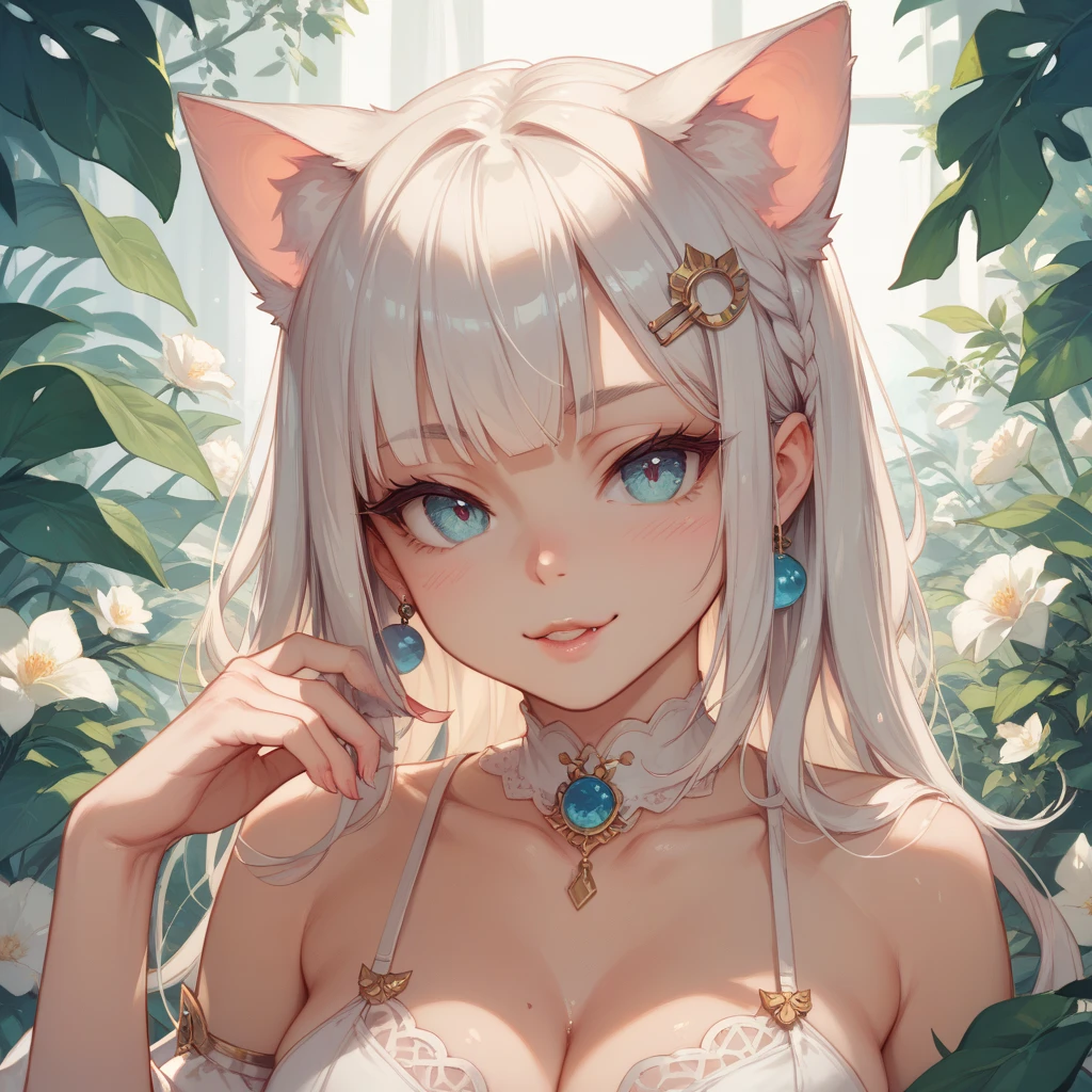hairy pubic，cute  face，ambient lights，Ultra-fine fur，volumettic light，blue color eyes，White dress，indoor background，Broad-eared fox ears，hand behind back