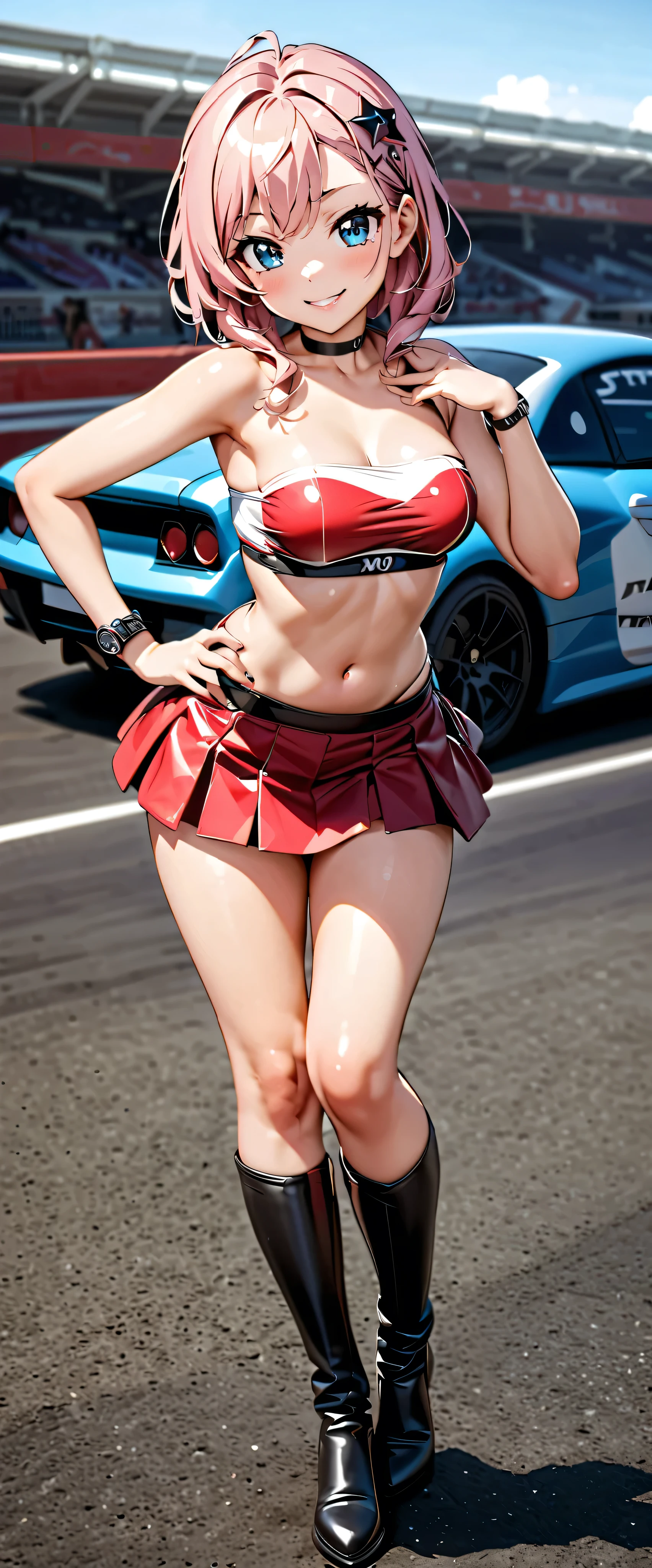 (high quality:1.2,best quality:1.2,8k resolution,ultra-detailed,photorealistic:1.37),cute girl in CG Unity artwork,blushing,round eyes,medium-sized chest,presence of viewer,half-body shot,swimsuit for racing,arena