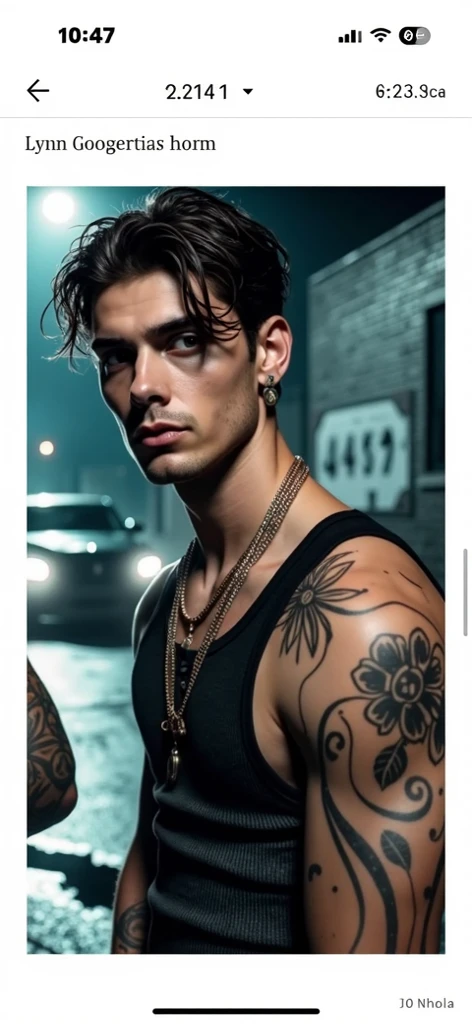 Young Caucasian rock singer, with stylish brown hair and tattoos, slim and defined with tattoos on his arms , shirtless singing in fancy house with pool and big lawn