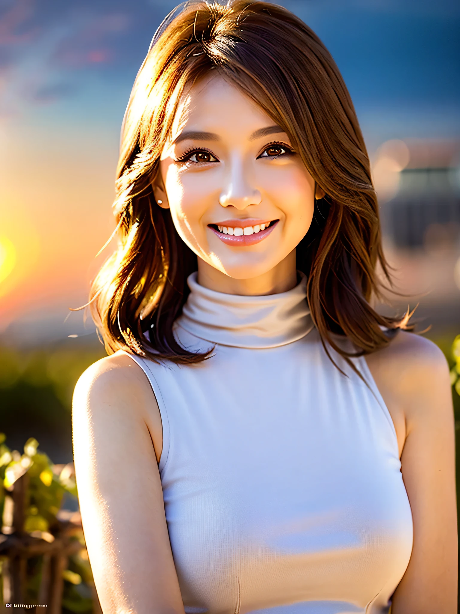 ((champagne))),(( wine glasses)),Wine Party,(White Wine)),(( wine glasseses)),(realistic, 超realistic:1.4), 16K high image qualityR, high image quality ,((White Wine)),happy smile、 Age 33,37 years old, short hair, has the best smile around my eyes、Brown short hair,japanese actress,upper body,waist up, Turtleneck dress,There is a beautiful sunset in the background,volume lighting, realistic proportions, ( Spectacular sunset ),super realistic 肌,5 Pretty Fingers , Super beautiful expression ,fantasy art, Character Art ,, cloud effect :1.2、Full Rendering、プロ品質のhigh image quality,slim figure,Highly Detailed Face,very elaborate eyes , beautiful lips, Superior Light Particles , Cinema Light,Compensate,超high image quality,Ultra-realistic Skin,