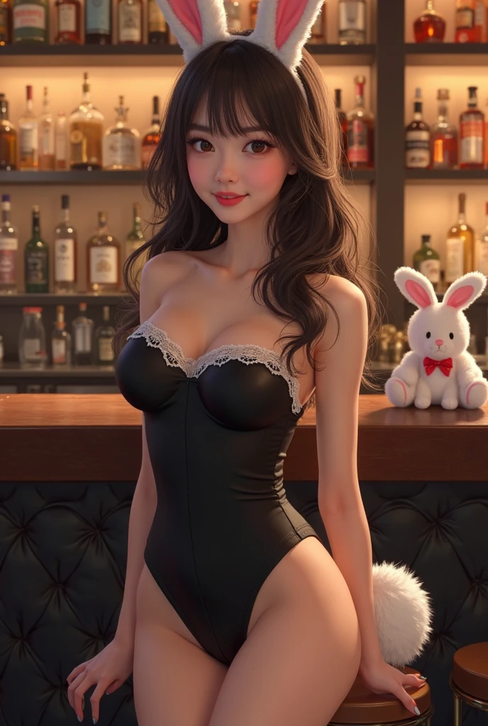 1girl,((Top Quality, 8k, Masterpiece)), Perfect Body Shape Pretty Woman, Slender Abs, (((Brown Hair, Big: 1.3))), Super Detailed Face, Detailed Eyes, Double Eyelids, Professional Woman Pictures, Random Pose, ((White Bunny Suit, White Rabbit Ear Shaped Hairband: 1.2)), ((Black Fishnet Stockings), (White Color, White Cuffs))), (Big)), ((Erotic, Sexy), Las Vegas casino large hall, beautiful detail eyes,((Full body shot:1.2)), especially strong light, (upward, inviting expression, blush),glossy skin,(((bangs, dark brown hair, long ponytail)), shy,(seductive posture, attractive))), (idol), ((bright and glamorous casino, background blur)), perfect face, perfect body, cute,