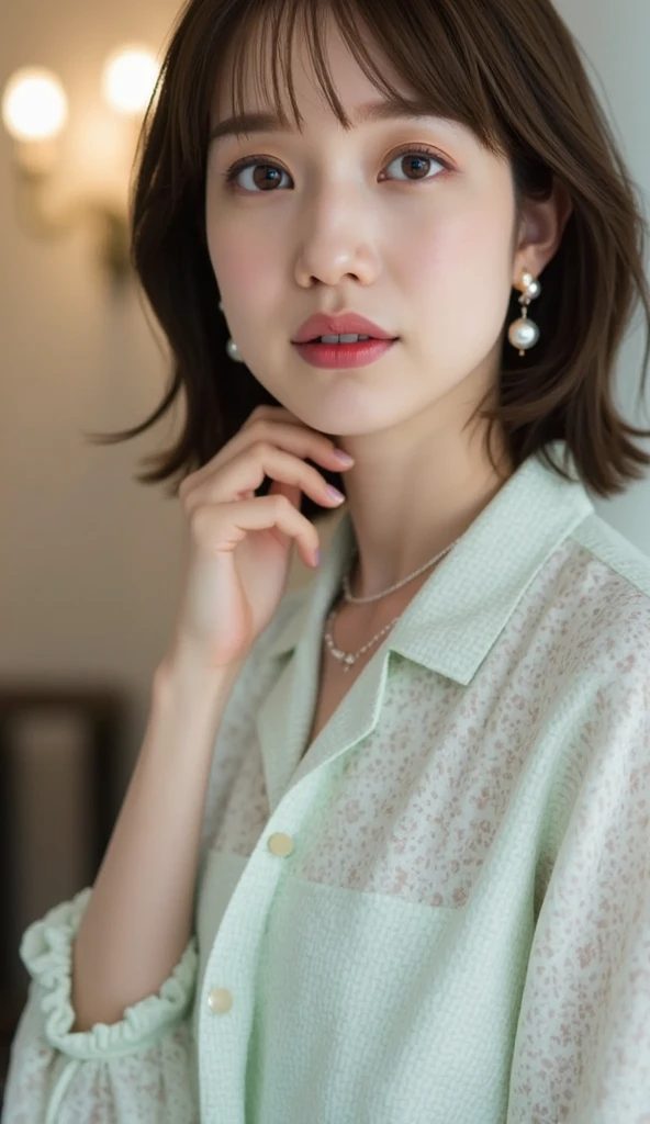 1 girl, national foundation, ((8k, raw, masterpiece: 1.5)), (Professional photography, sharp:1.2), Perfect dynamic composition, (Natural sun light), (soft shadow), (Perfect body:1.4), (((skinny figure))), (((((medium hair,bangs))))), Ultra-detailed faces and skin, perfect asian, White skin, (Delicate skin:1.4), (latex skin:0.4), (perfect glowing skin:0.6), light brown eyes, beautiful eyes, round eyes, pretty face, blush, glossy lips, ((plump lips)), glossy eyes, Really moist skin, looking at camera, Elegant pearl necklace, Elegant earrings, minimalist, (((green shirtdress))) 