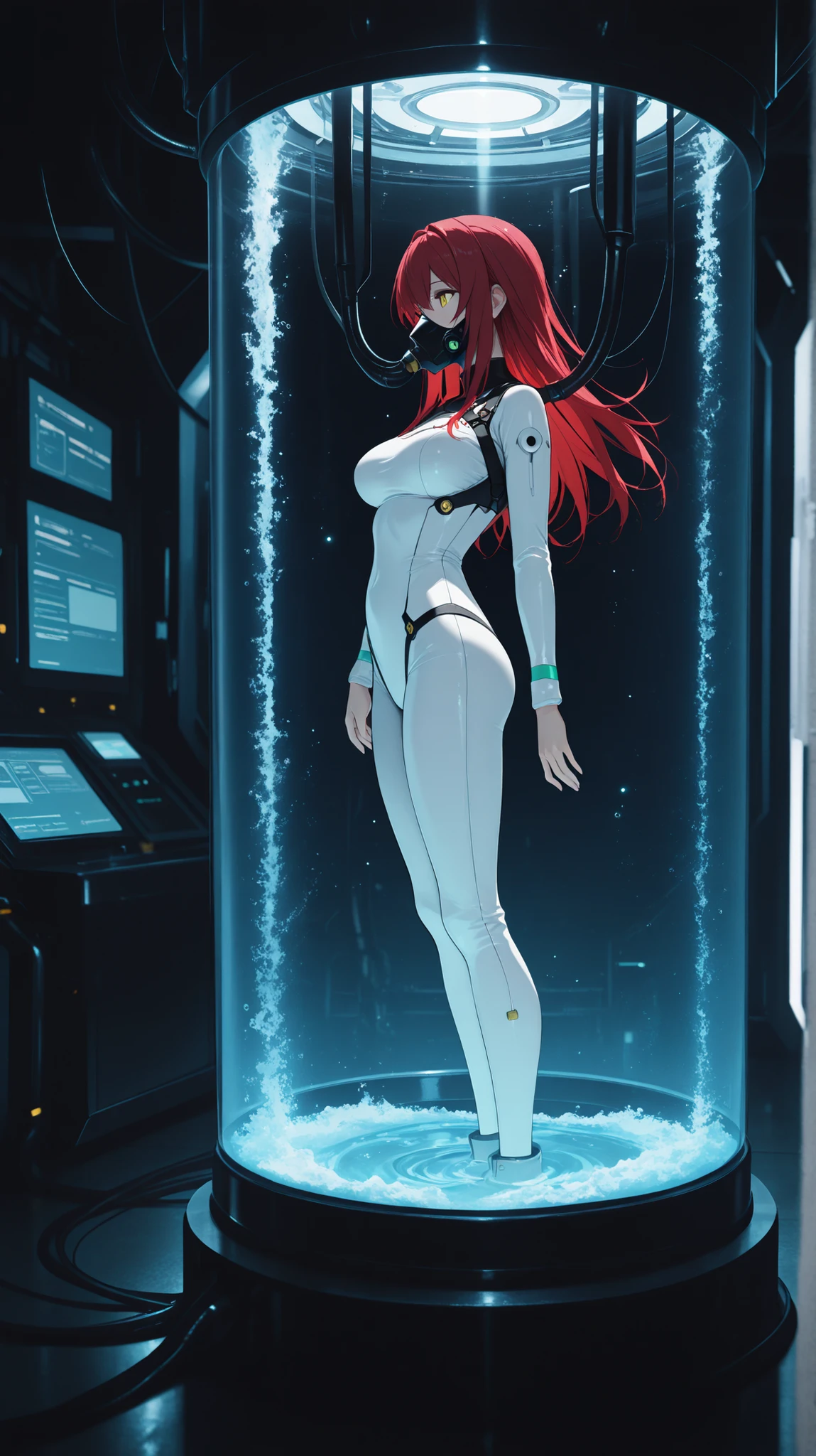 HDR, 8K, high contrast, masterpiece, best quality, amazing quality, very aesthetic, superabsurd res, high resolution, ultra-detailed, absurdres, newest, scenery, lightrays, chiaroscuro, dynamic angle, upper body, male focus, 1 woman , adult , golden eyes , long hair , (red hair) , (medium breasts:0 . 8) , petite , very cute , beautiful , solo , is trapped in a huge stasis tank, laboratory tank, hands placed against the glass, filled with light blue liquid, under water, floating under water, full body, in a mysterious laboratory, night, photorealistic, volumetric lighting, dappled light, light particles, dramatic shadows, cinematic lighting, photo background, depth of field, stasis tank , black oxygen mask , cable inserted to body , side view , full body, panorama view, wide angle shot,