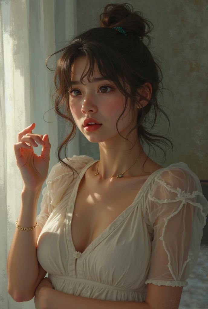 Beautiful girl with long wavy, disheveled hair dressed in pajamas sitting on a dining room chair yawning