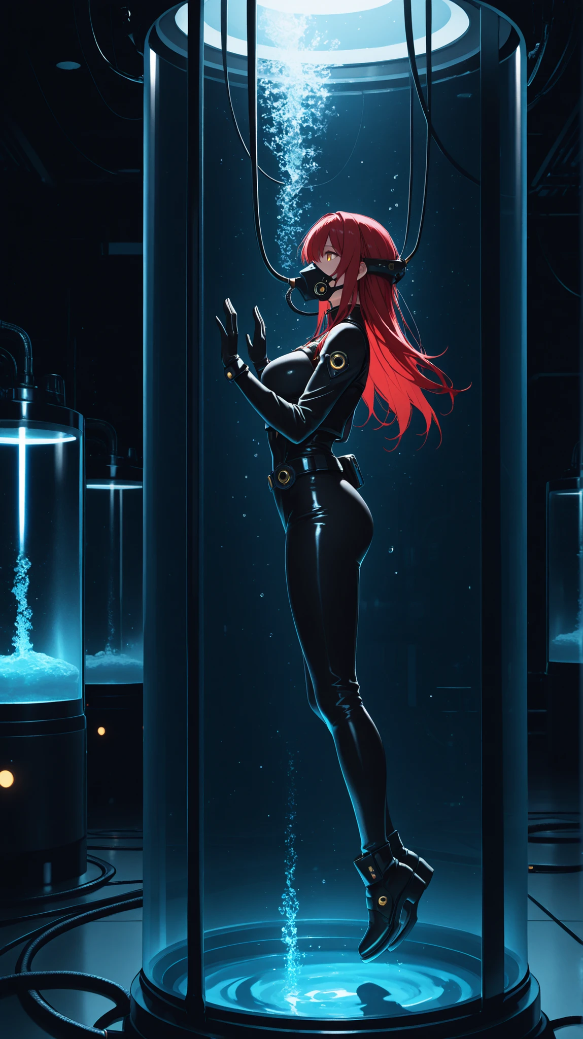 HDR, 8K, high contrast, masterpiece, best quality, amazing quality, very aesthetic, superabsurd res, high resolution, ultra-detailed, absurdres, newest, scenery, lightrays, chiaroscuro, dynamic angle, upper body, male focus, 1 woman , adult , golden eyes , long hair , (red hair) , (medium breasts:0 . 8) , petite , very cute , beautiful , solo , is trapped in a huge stasis tank, laboratory tank, hands placed against the glass, filled with light blue liquid, under water, floating under water, full body, in a mysterious laboratory, night, photorealistic, volumetric lighting, dappled light, light particles, dramatic shadows, cinematic lighting, photo background, depth of field, stasis tank , black oxygen mask , cable inserted to body , side view , full body, panorama view, wide angle shot,