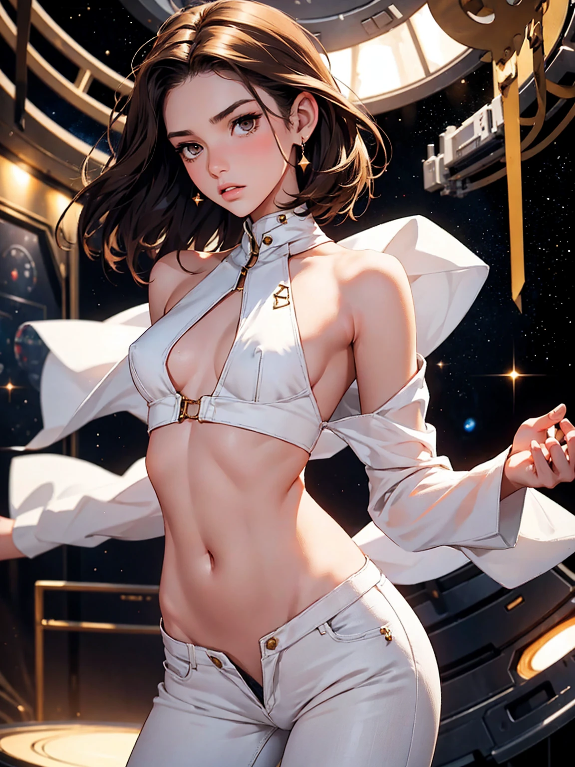 (masterpiece:1.5, Highest quality, Very detailed、 Dutch Angle、Realistic、2.5D、Realistic)(One Girl, alone)(Silver Hair:1.6,,Straight Long Hair)(Sports Bra、Jacket:1.5、Shorts、tightedium breasts, Beautiful cleavage,underboob))(from side),(Beautiful starry sky、Mystical Night、Particles of light float around the woman、Fantastic space、luxury passenger ship)