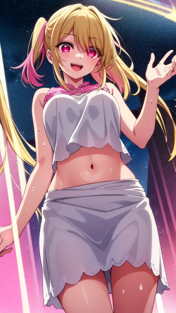 <lora:Minerva:0.6>, Minerva,1girl, solo, blue eyes, large breasts, long hair, blonde hair, side ponytail. heart hair ornament, loose_clothes, t-shirt, casual, shorts,