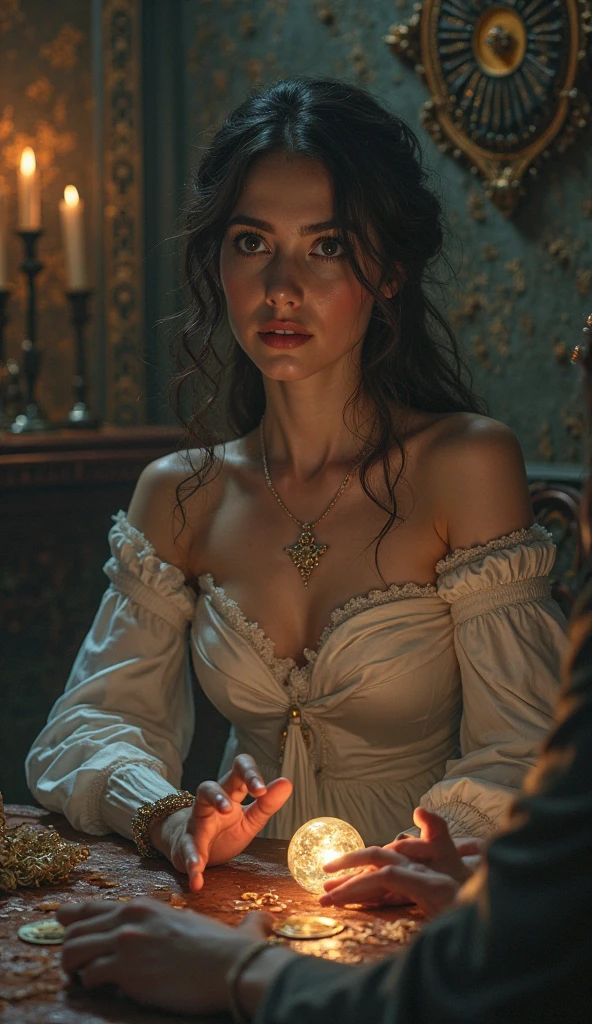 a very cute afafed brunette woman with large messy hair bun on top of her head is in a dark castle, she is 13 years old, she has a seductive look on her face, she has very hard nipples, the scene is dark and scary, she has pink ribbons in her hair, she is holding a candle, there is an open fire in the back ground, she is wearing an ornate pink and purple low cut designer dress, her dress is very expensive and very lacy, she is very thin and has a very small chest, the lighting is dark, very realistic, high quality,