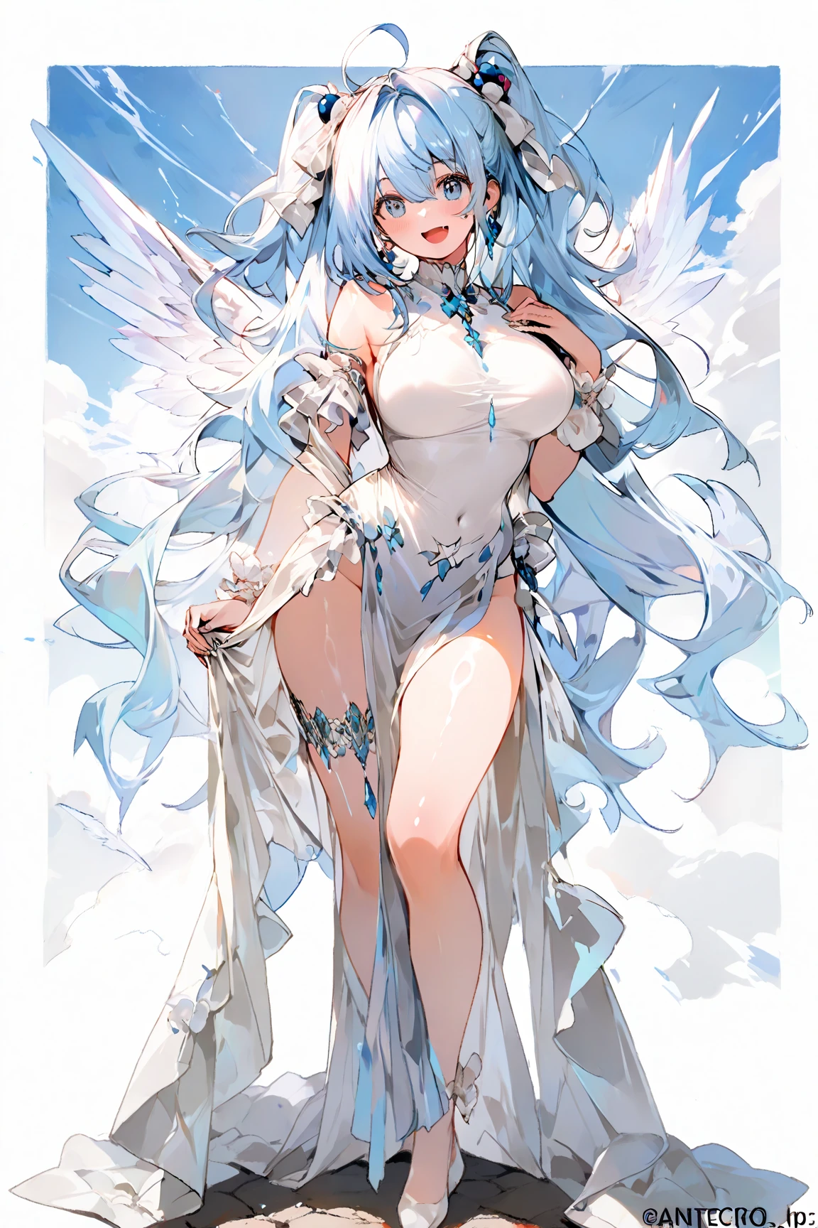 a beautiful angel with flowing white dress, wings spread, hand on hip, side view, (best quality,4k,8k,highres,masterpiece:1.2),ultra-detailed,(realistic,photorealistic,photo-realistic:1.37),HDR,UHD,studio lighting,extremely detailed face and eyes,delicate facial features,long eyelashes,smooth skin,intricate dress folds,glowing skin,angelic expression,sunlight streaming through clouds,simple background