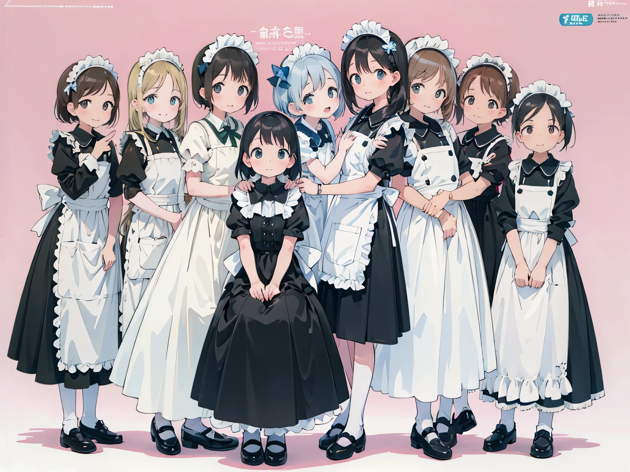  Best Quality、  masterpiece、 happy smile、8k、Ultra delicate、 girls、charming and nice pose、pastel background、Full Body Image、  stretch your chest 、group photo、8 people、maid clothes