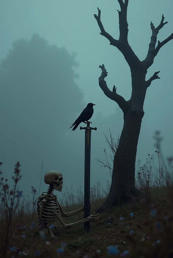 I want a frame square,It should be medium and small, also black and made of wood..The frame should be thick and should not overflow the frame, with a skull on the left side and an owl in a Halloween wizard's hat sitting on top of the frame on the upper right side..and in the background there should be a cemetery and hands and also the skull should be on the ground and the frame should be 2D