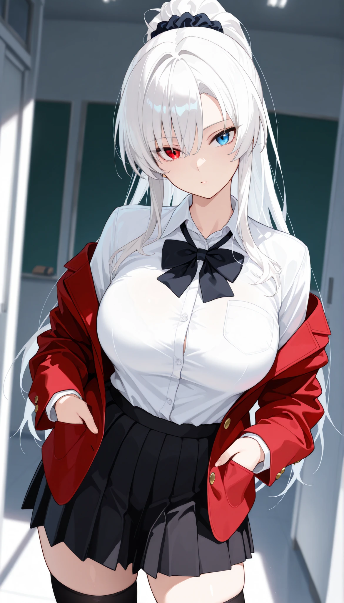 best quality, masterpiece, absurdres, 1girl, solo, heterochromia, red_eye, blue_eye, white_hair, long_sleeves, large_breasts, mature_female, long_hair, red_jacket, open_jacket, white_shirt, school_uniform, hair_over_one_eye, tsurime, dynamic from front angle, ponytail, looking_at_viewer, black_skirt, black_bowtie, scrunchie, open_blazer, open_clothes, off_shoulder, hands_in_pockets, contrapposto, zettai_ryouki, pleated_skirt, head_tilt, curvy,