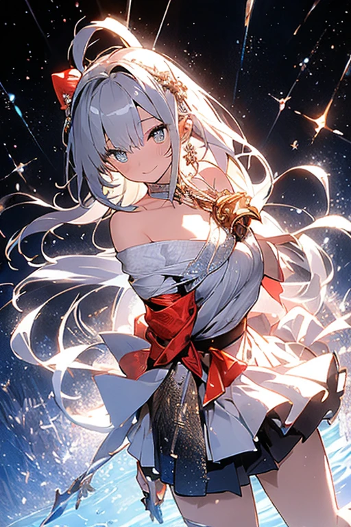 celebration of the new year,Winter snowflakes fluttering,landscape,painting,illustration,portrait,yae miko, sleeves separated, strapless, (sideboob:1.45),((grand fireworks display in the night sky)),twinkling stars,sparkling fireworks,mesmerizing colors,romantic ambiance,amazing architectural design,overwhelming sense of excitement,festive atmosphere,magical moment,inspiring and artistic composition. best quality,4k,8k,highres,masterpiece:1.2,ultra-detailed,realistic:1.37,